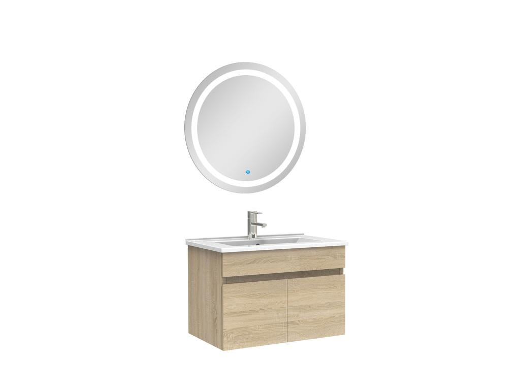 Ensemble meubles Salle de Bain simple vasque 60cm rond miroir lumineux Chêne Laviecasa WNJQ30795
