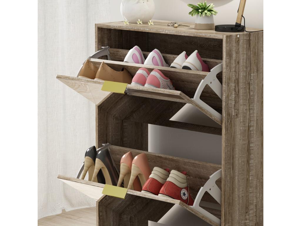 Meuble à chaussures miroir avec 3 abattants 5 niveaux 12 paires 107.5x54x24cm Bois