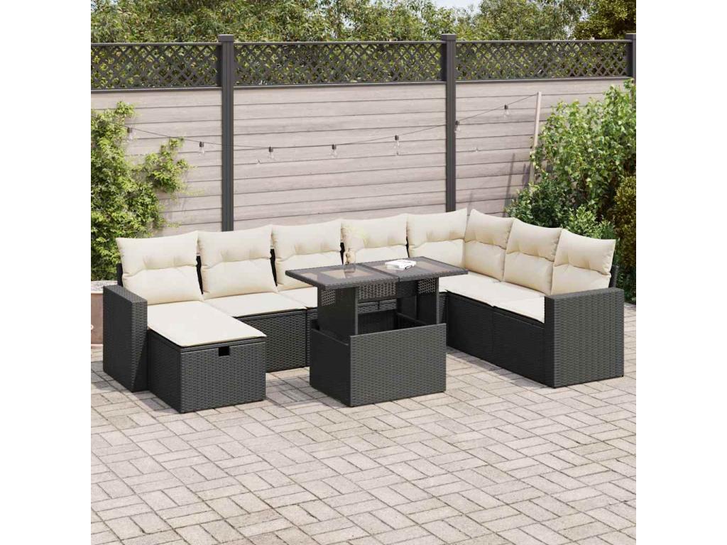Salon de jardin 9 pcs avec coussins noir résine tressée WZUB43681