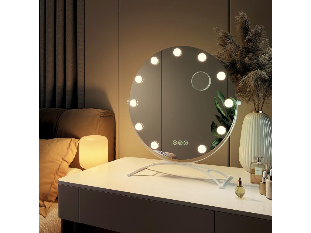 Meubiana miroir de courtoisie avec Meubianaère 50x58cm rond blanc miroir de coiffeuse pivotant à 360 avec 3 Meubianaères dimmables