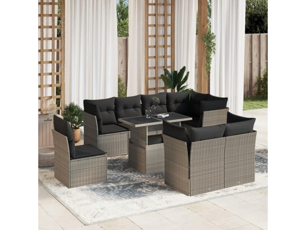Salon de jardin 9 pièces avec coussins gris clair résine tressée RBMN61076