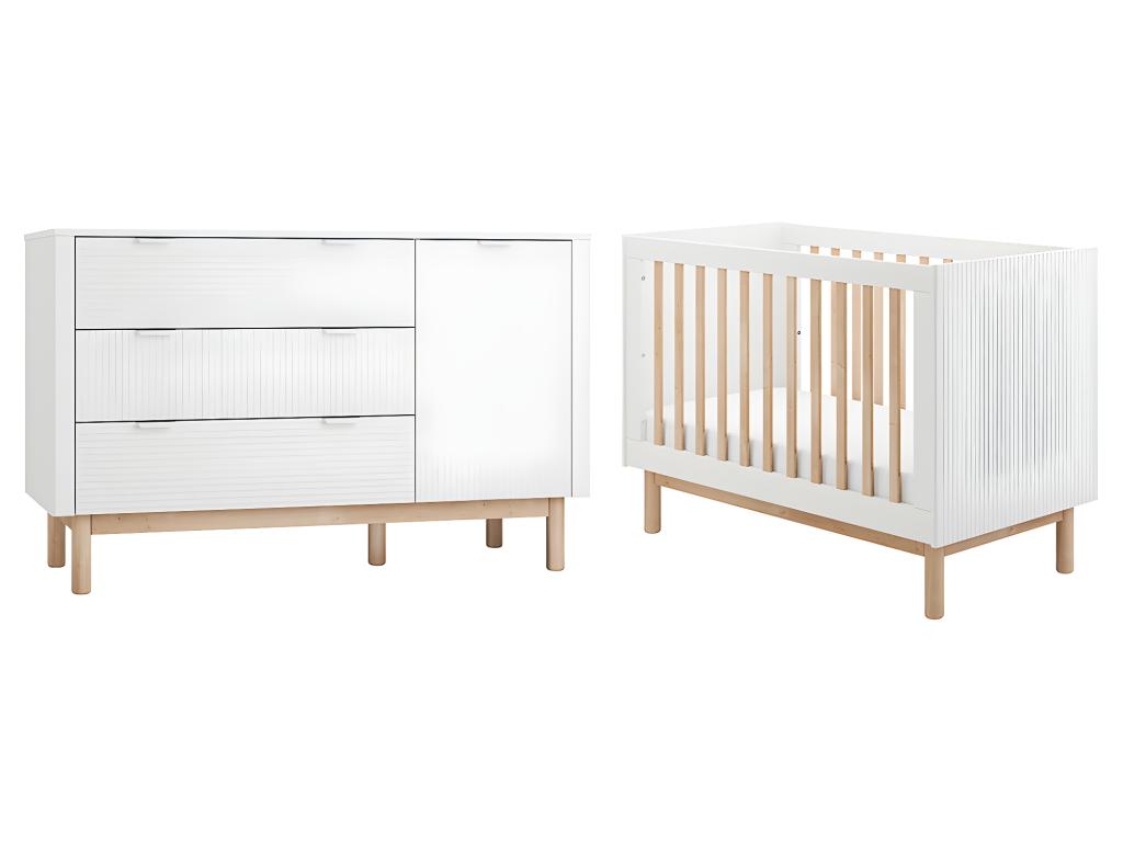 Lit évolutif 60x120 et commode 3 tiroirs 1 porte Meubiana Blanc