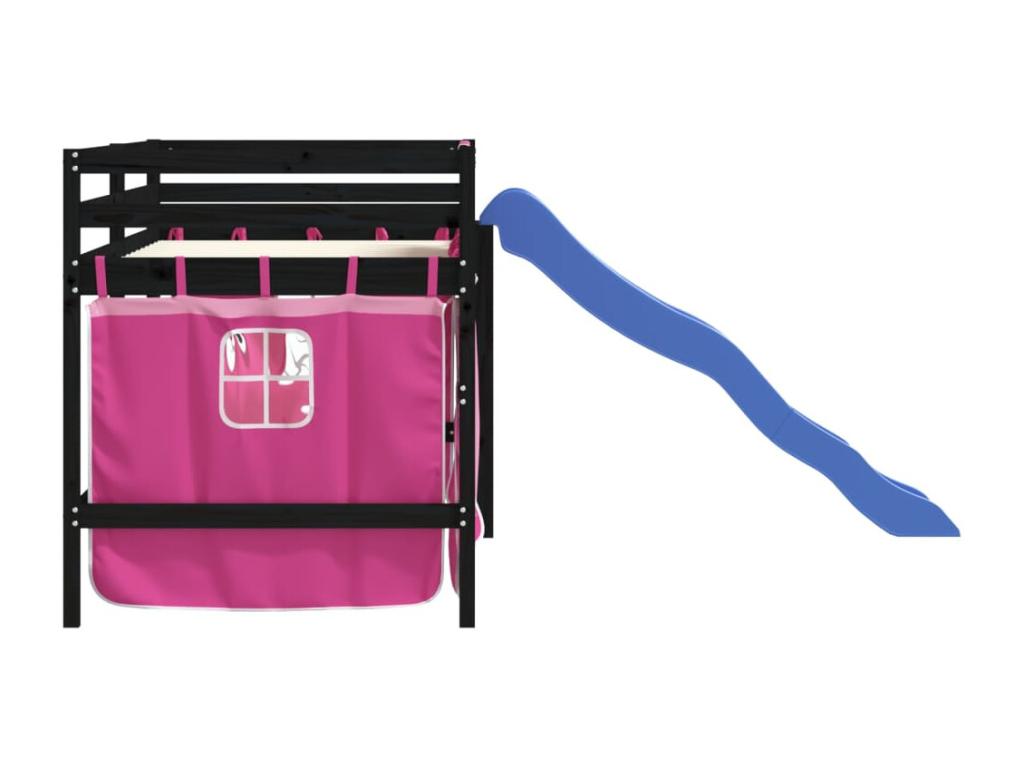 Lit mezzanine enfants et rideaux rose 80x200 bois pin massif