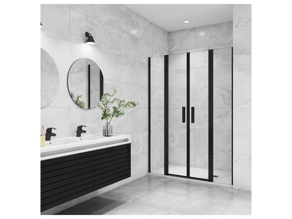 Porte de douche battante 135x200cm avec 2 fixes Profilé noir mat Porte de douche éléments Hauteur 200cm en verre anticalcaire
