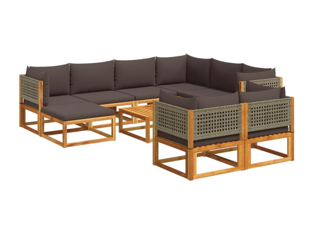 Salon de jardin avec coussins 10 pièces bois d'Meubiana solide