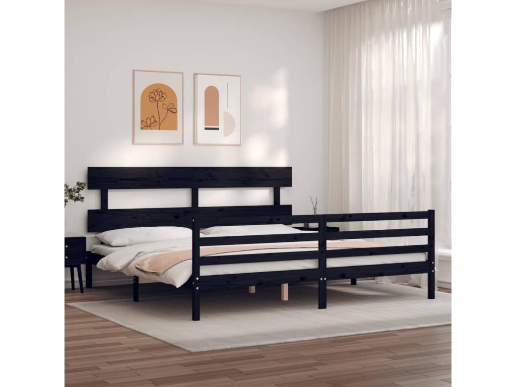 Cadre de lit avec tête de lit noir 200x200 cm bois massif