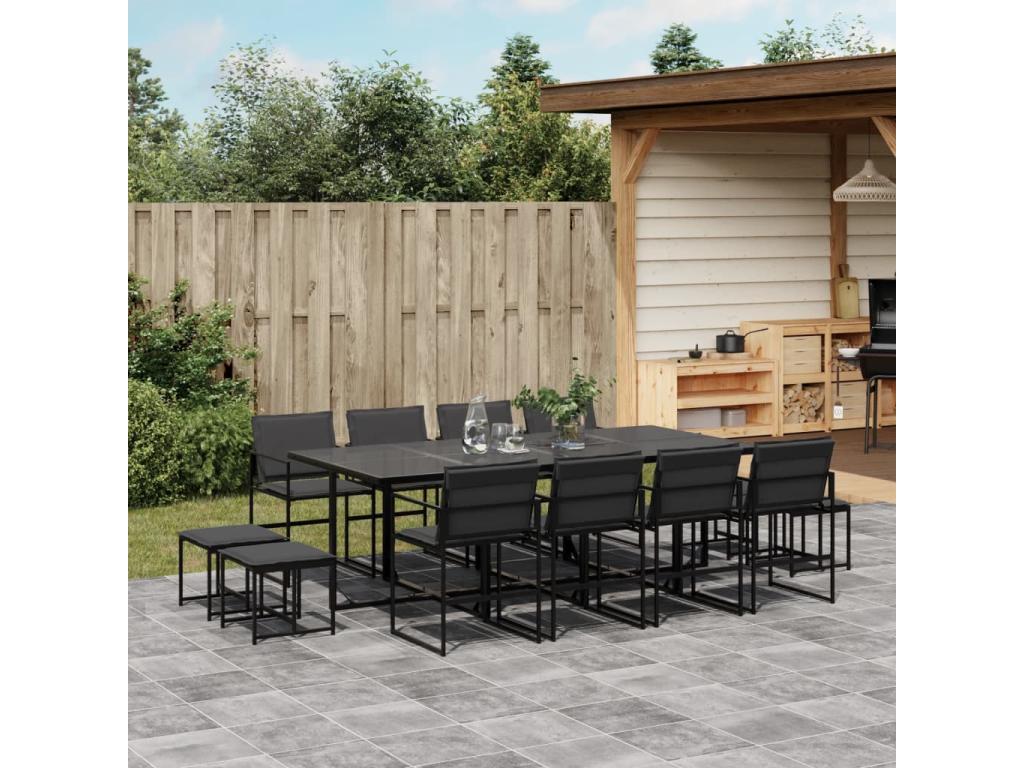 Ensemble à manger de jardin avec coussins 13 pièces noir textile