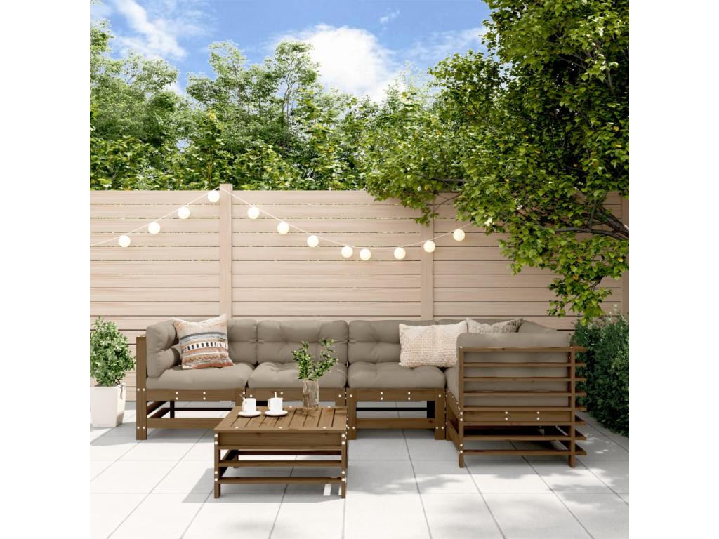 Salon de jardin 6 pcs avec coussins marron miel bois massif AHZS14456