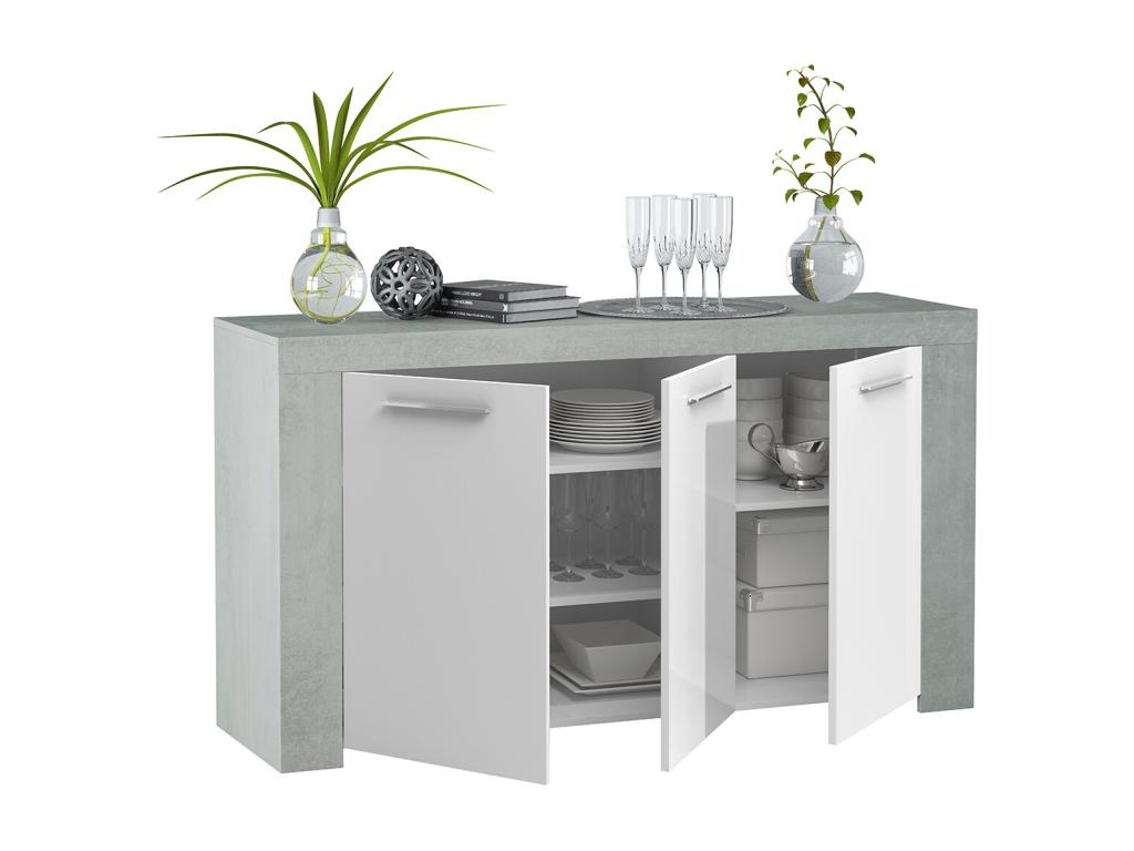 Buffet avec 3 portes coloris Blanc Meubiana / Ciment en mélamine - Dim 80x144x42 cm