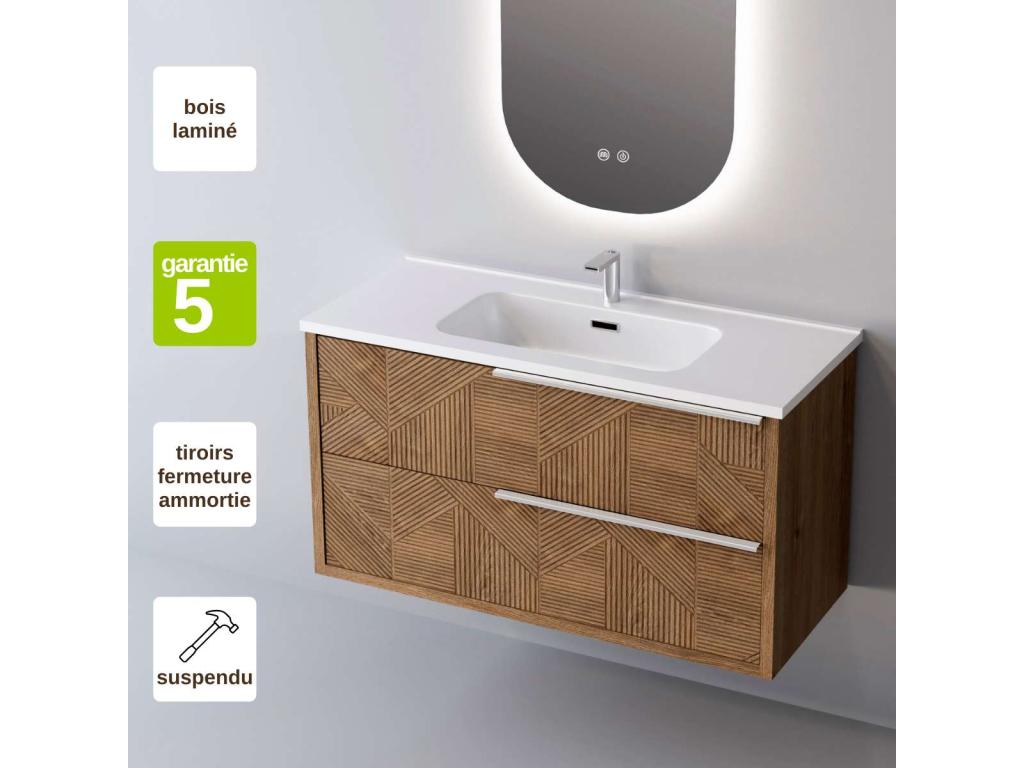 Meuble de salle de bain plan vasque Céramique 2 Tiroirs Chêne Moyen Poignée Inox Satiné l100xh54xp45 Effet 3D REEL