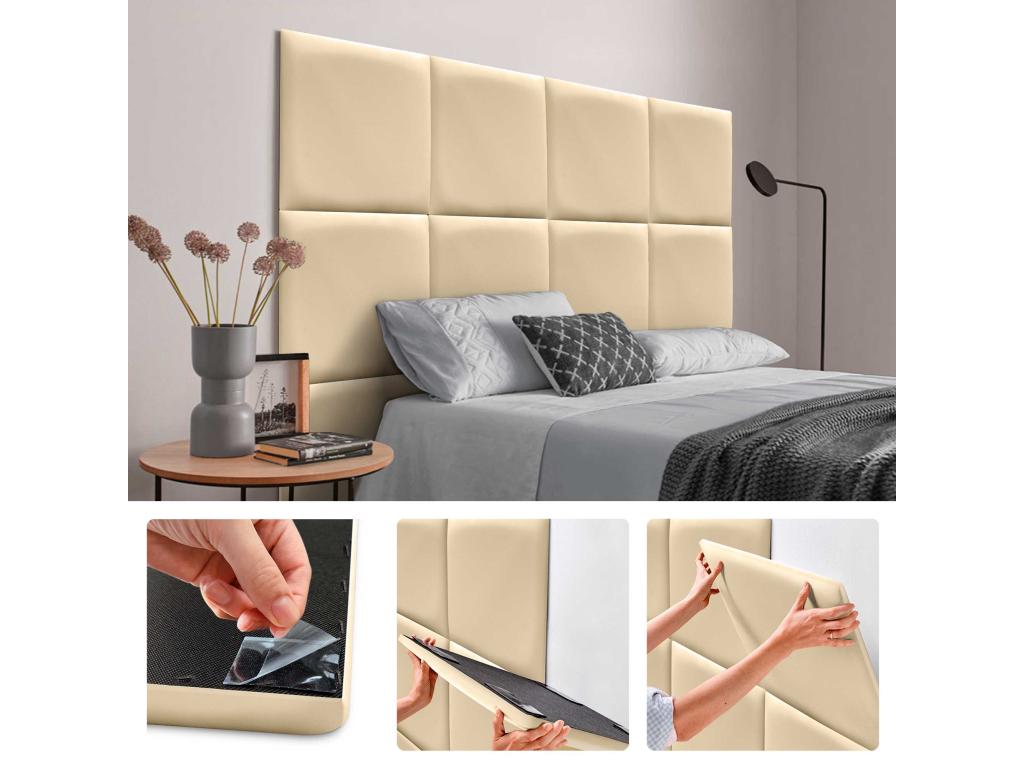 Meubiana Panneaux Rembourrés en Similicuir Autocollants pour Mur Acoustiques Absorbants Protection contre les Chocs Têtes de Lit vanille 50x50cm