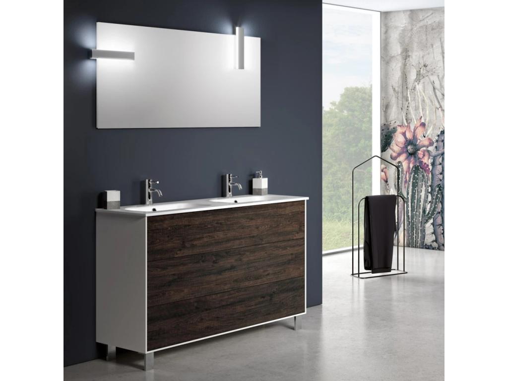 Ensemble meuble de salle de bain 3 tiroirs bois blanc et marron et miroir à LED Meubiana L 120cm