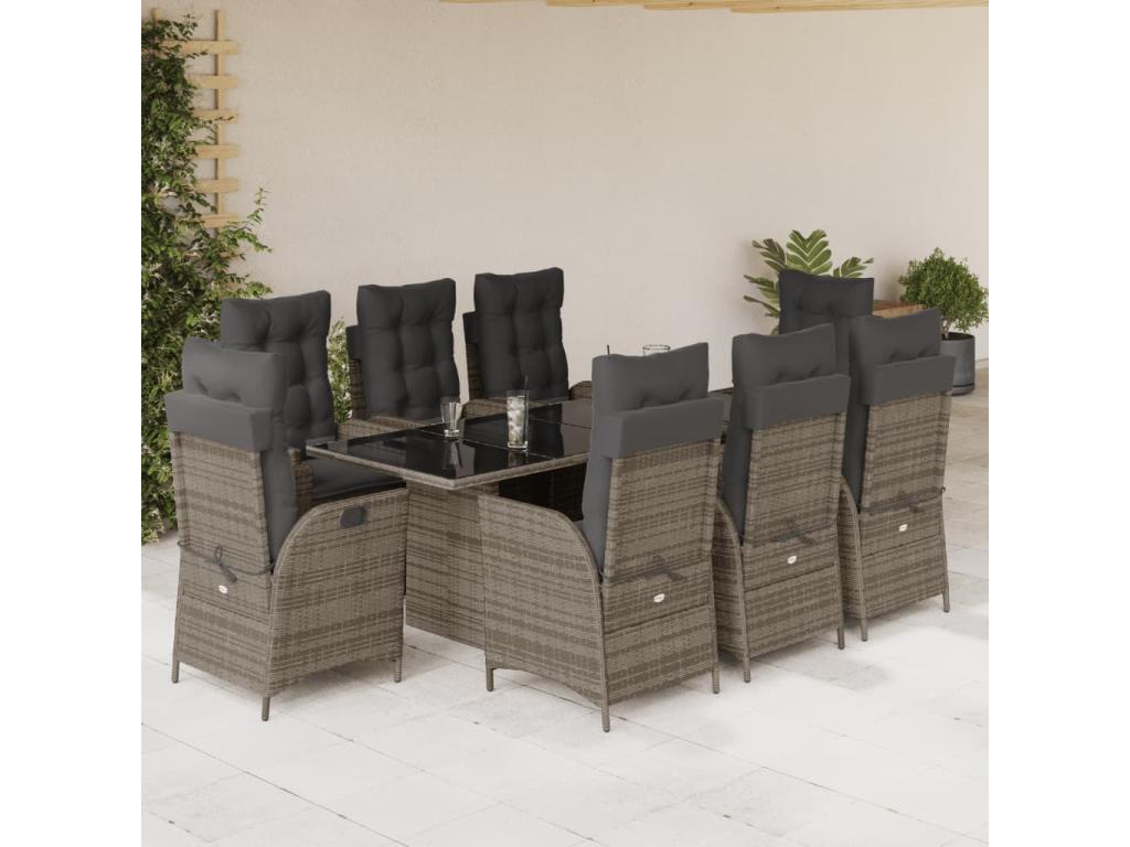 Ensemble à manger de jardin 9 pcs coussins gris résine tressée