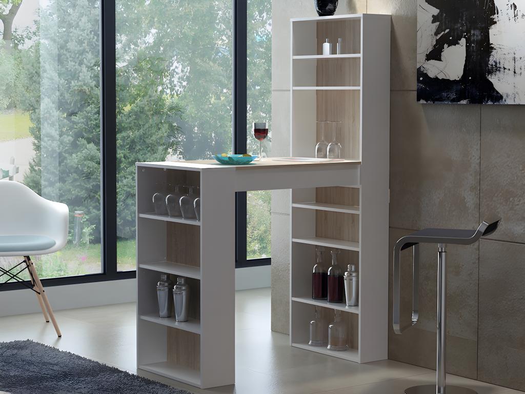 Meuble de bar avec rangements - MDF - Naturel et blanc - Meubiana