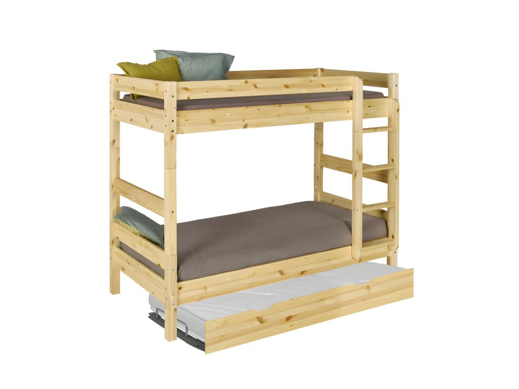 Pack lit superposé séparable gigogne avec matelas 90x190 cm bois massif bois naturel Meubiana