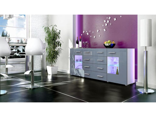 Buffet Design Blanc Mat Et Gris Laqué Avec LED Bleu hxlxp 72x166x35