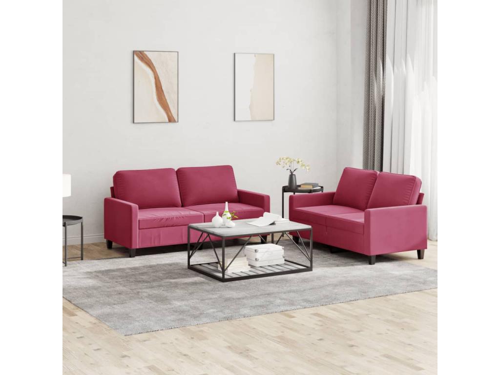 Ensemble de canapés 2 pcs avec coussins Rouge bordeaux Velours