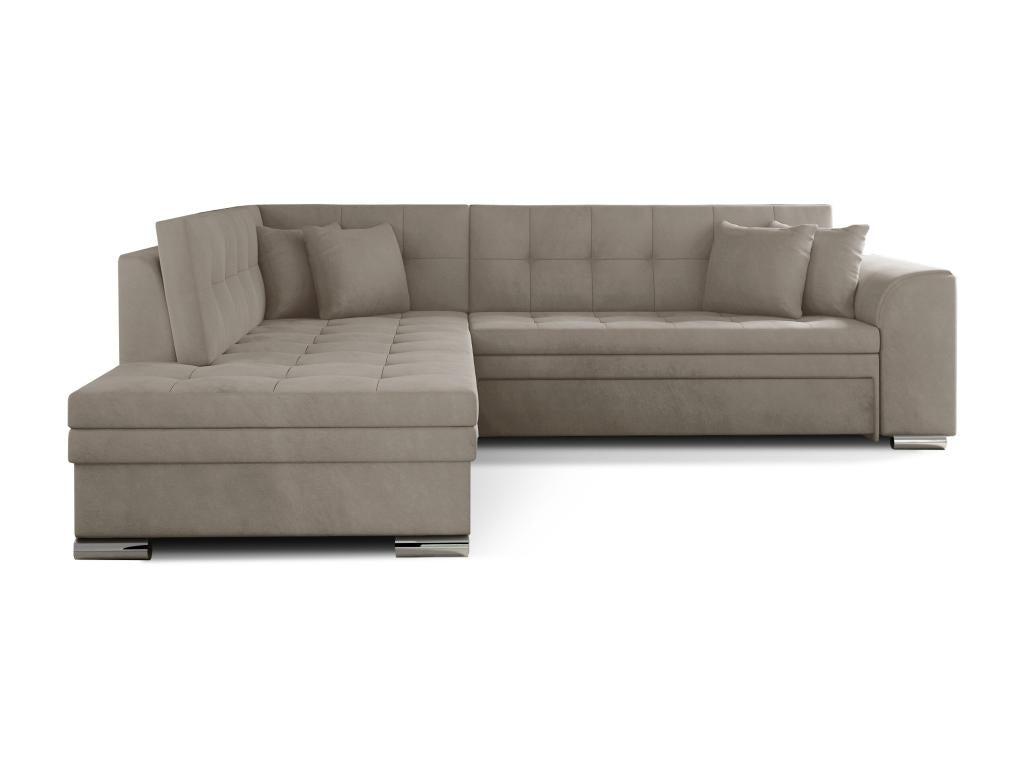 Canapé convertible angle gauche velours beige clair et chromé Meubiana 260cm