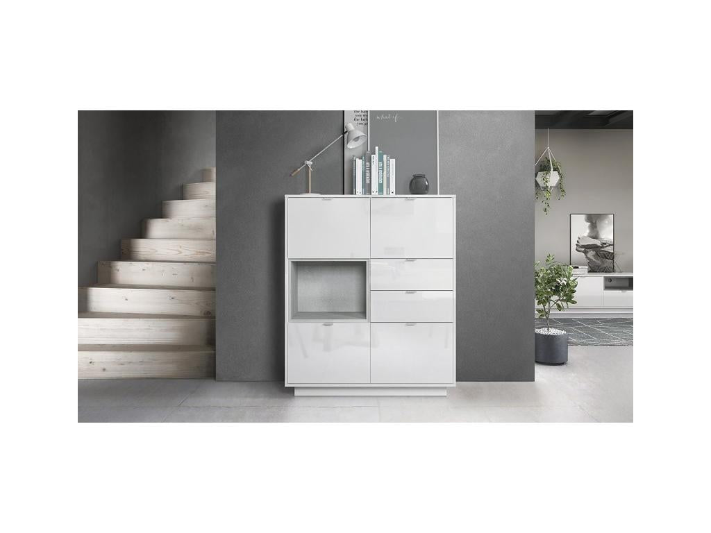 Buffet Intégralement Laqué Blanc Avec Insertion Aspect Béton Mat hxlxp 123x103x38 CMJQ59671