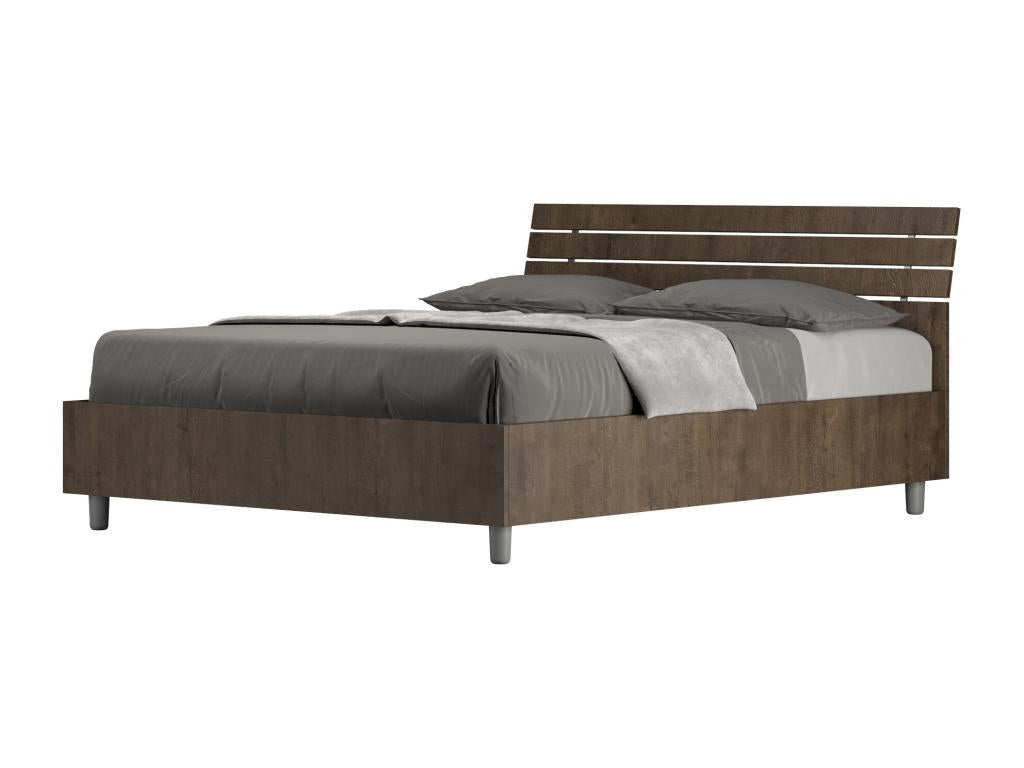 Lit sans sommier 140x190 tête de lit inclinée avec des lames noyer Meubiana