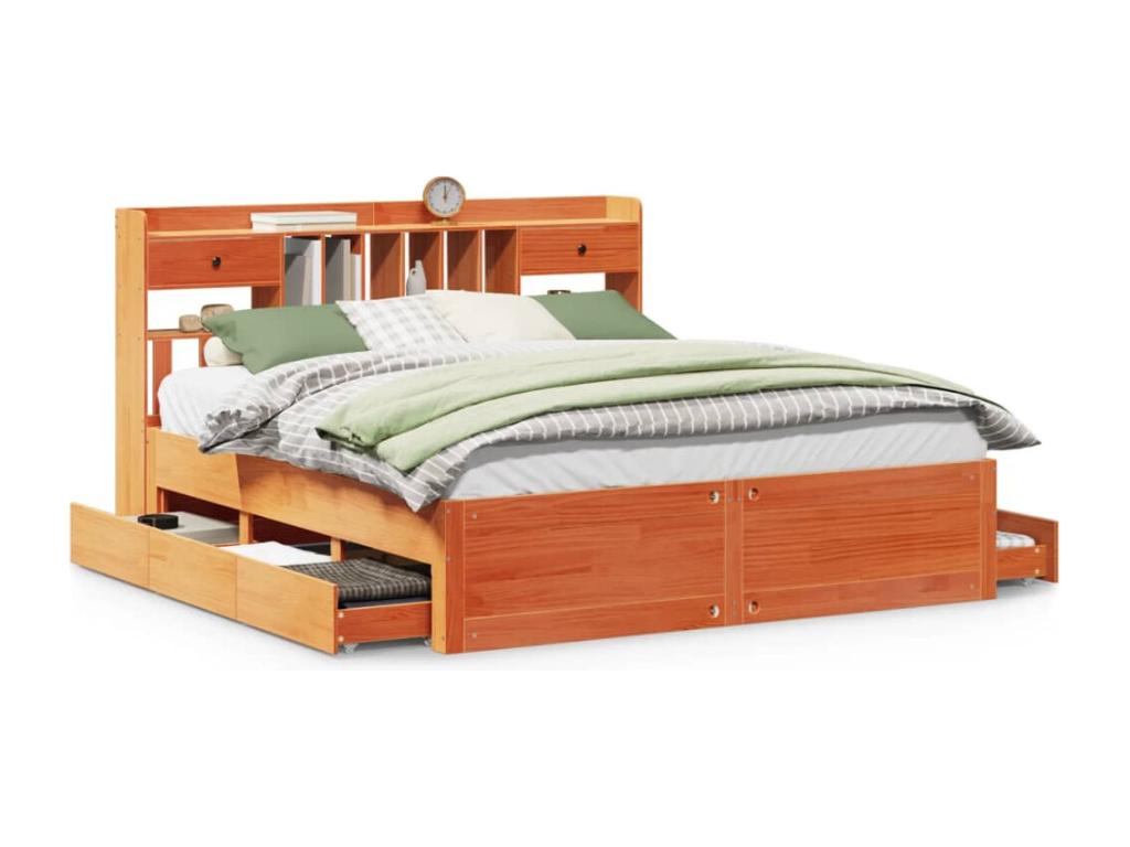 Lit bibliothèque sans matelas cire marron 200x200 cm pin massif BZXO24119