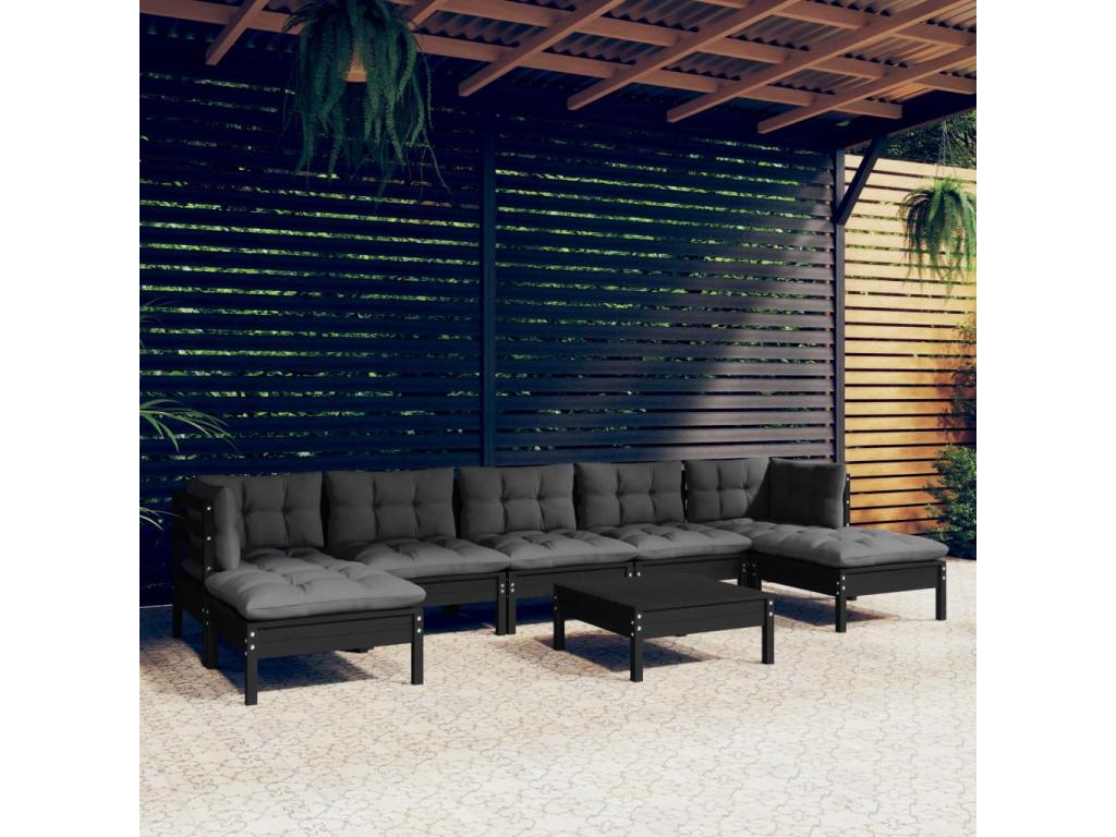 Salon de jardin 8 pièces avec coussins Noir Bois de pin VJEU85470