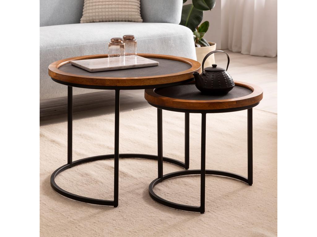 Tables Gigognes Bois Massif Table d'appoint Basse Moderne Lot de 2 Ronde