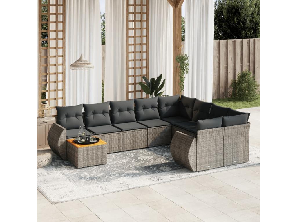 Salon de jardin avec coussins 10 pcs gris résine tressée