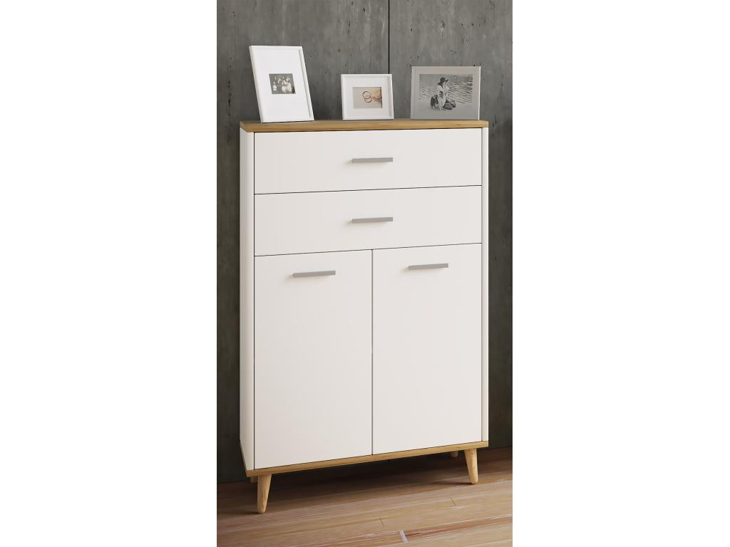 Meubiana Bois Buffet Haut Commode Portes battantes Tiroir Lindas Blanc / Chêne Miel
