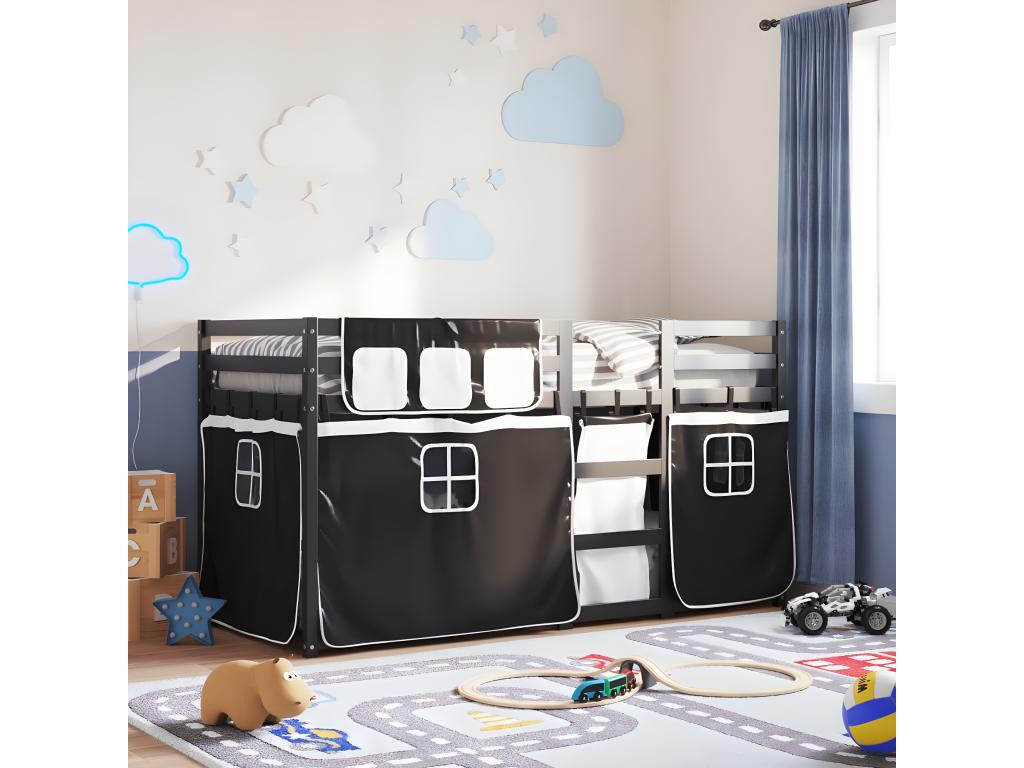 Lit superposé avec rideaux blanc/noir 90x200 cm bois pin massif