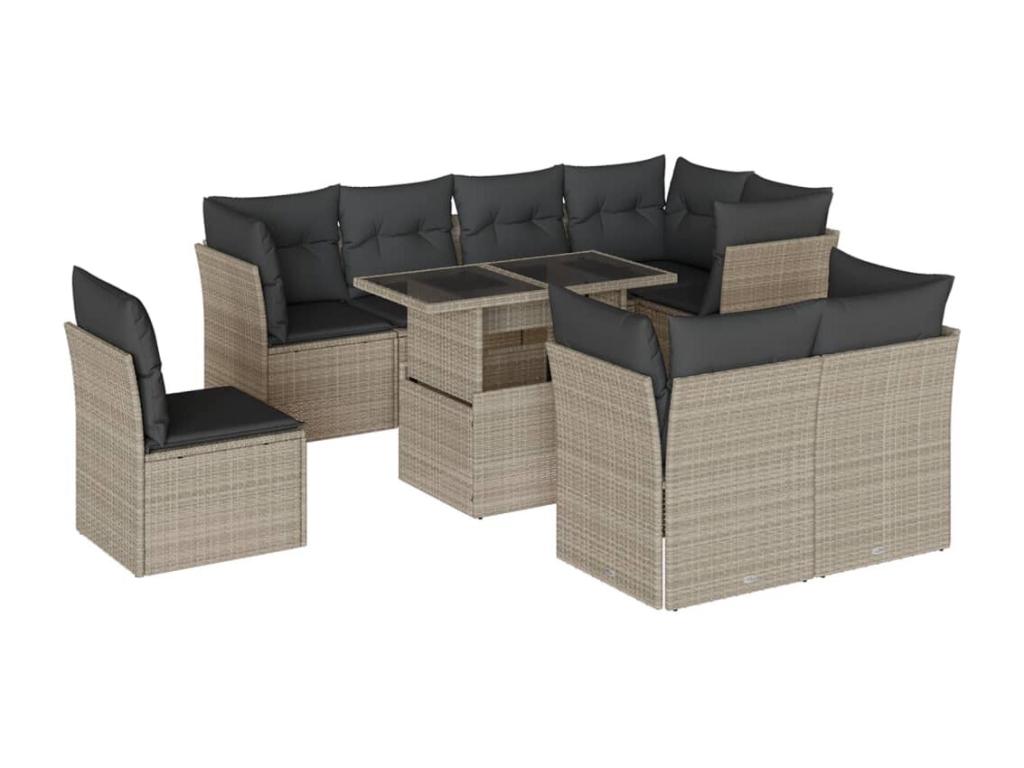 Salon de jardin 9 pièces avec coussins gris clair résine tressée RBMN61076