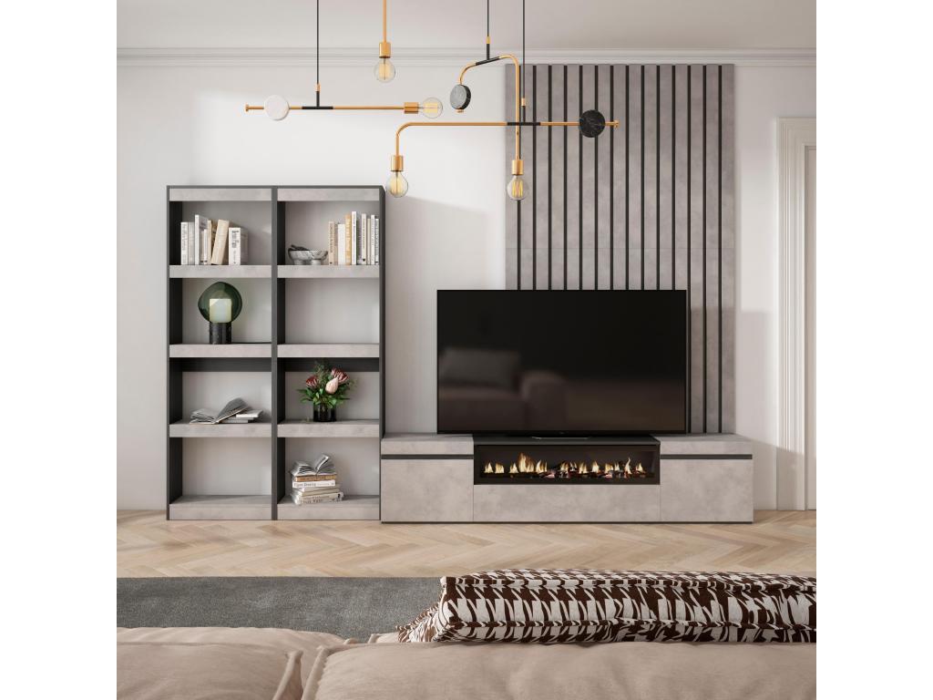 Ensemble Meuble TV 320x186x35cm Pour les TV jusqu'à 80 Cheminée électrique Ciment