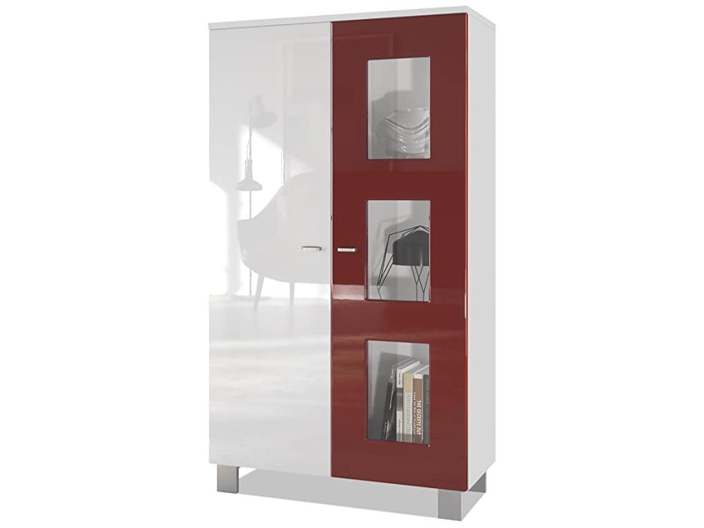 Vitrine sur pied avec 2 portes et 3 vitres blanc mat/blanc haute brillance/bordeaux haute brillance 71x129x35 cm JODX66023