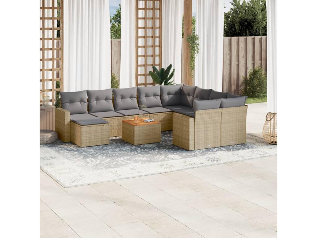 Salon de jardin 11 pcs avec coussins beige résine tressée