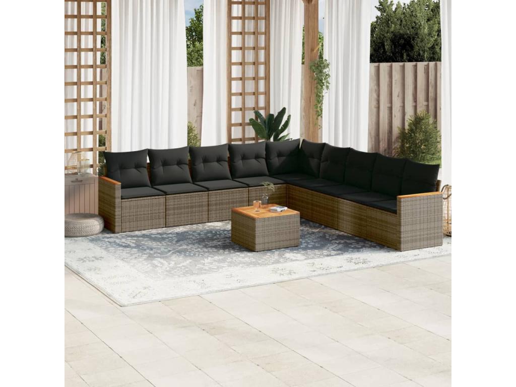 Salon de jardin avec coussins 10 pcs gris résine tressée