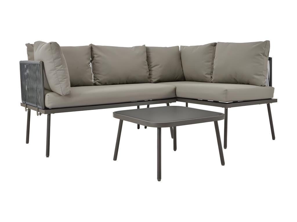 Salon de jardin en Fer forgé - 4 places - canapé d'angle extérieur avec coussins - 2 canapés et 1 table basse - décoré tressé en corde - Gris