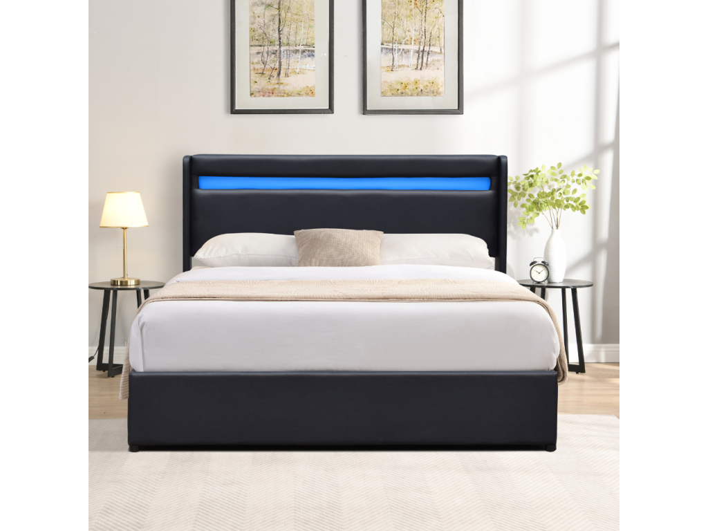 Lit coffre dehoussable 160x200 cm avec tête de lit LED - 14 Meubiana - montage facile - revêtement PVC simili entretien simplifié