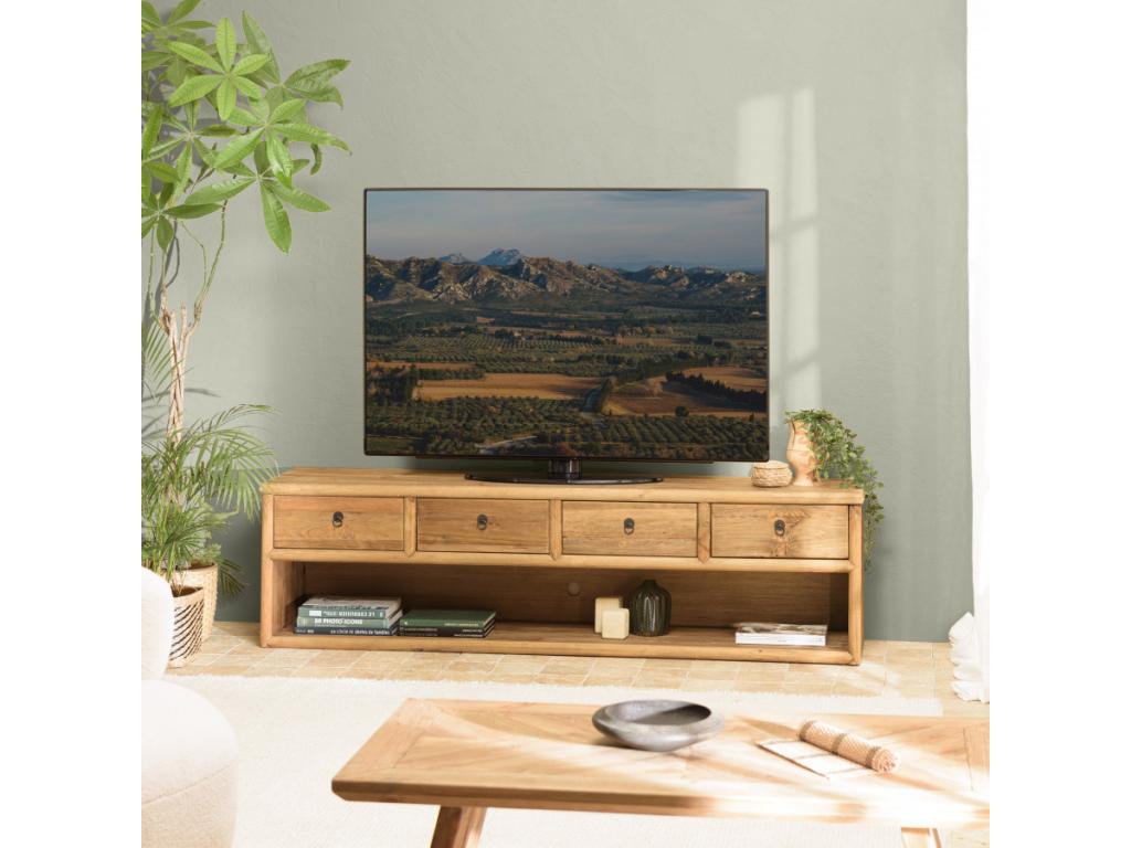 Meubiana - Meuble TV 4 tiroirs 1 niche longueur 200cm bois pin recyclé