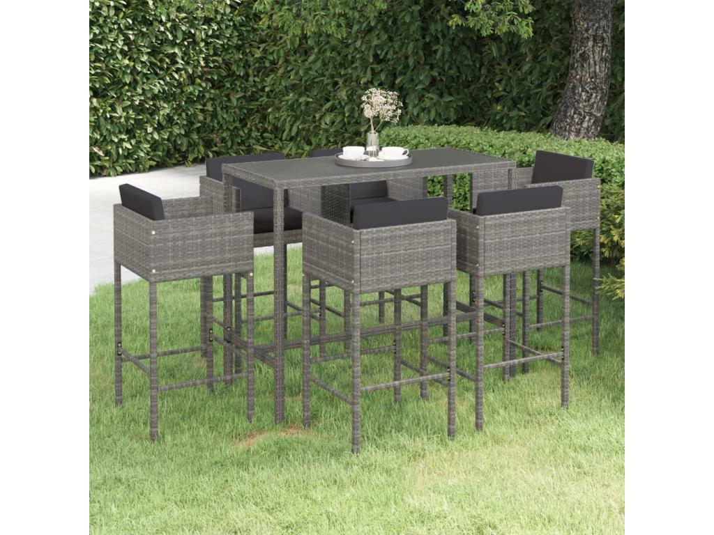 Ensemble de bar de jardin 7 pcs et coussins Résine tressée Gris
