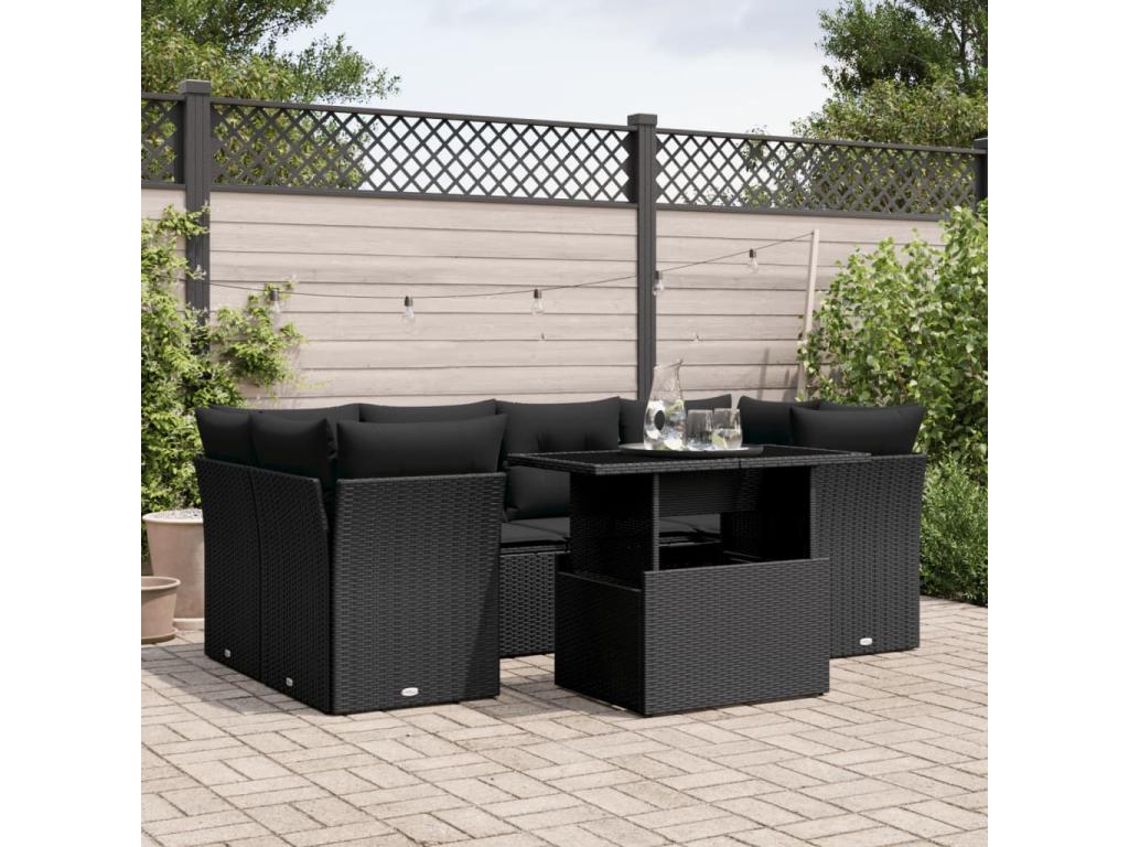 Salon de jardin 7 pièces avec coussins noir résine tressée MEJY51434