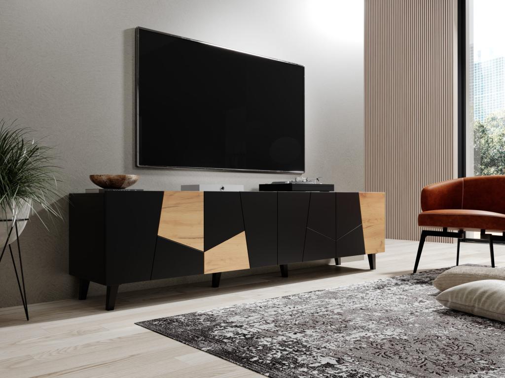 Meuble TV VITRAIL 200 cm - 4 portes - noir mat / chêne craft SIAM78427