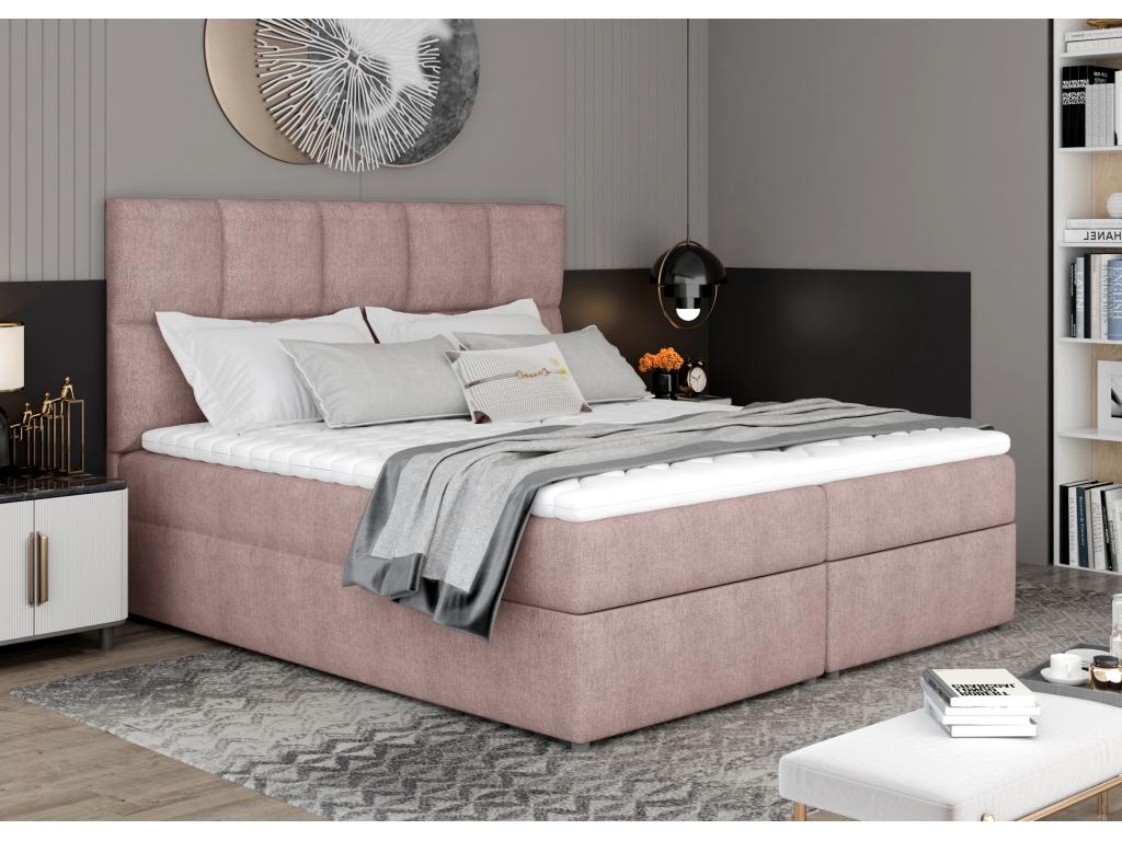 Lit boxspring tissu rose clair avec matelas et surmatelas Lizen-Couchage 140x200 cm
