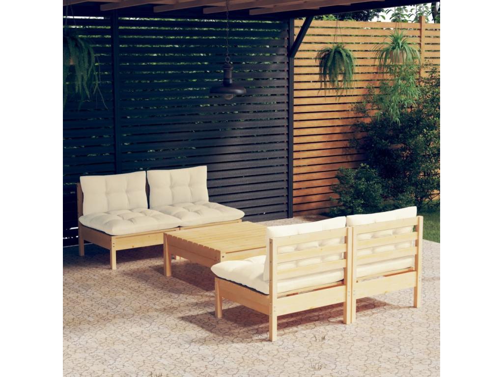 Salon de jardin 5 pcs avec coussins crème bois de pin