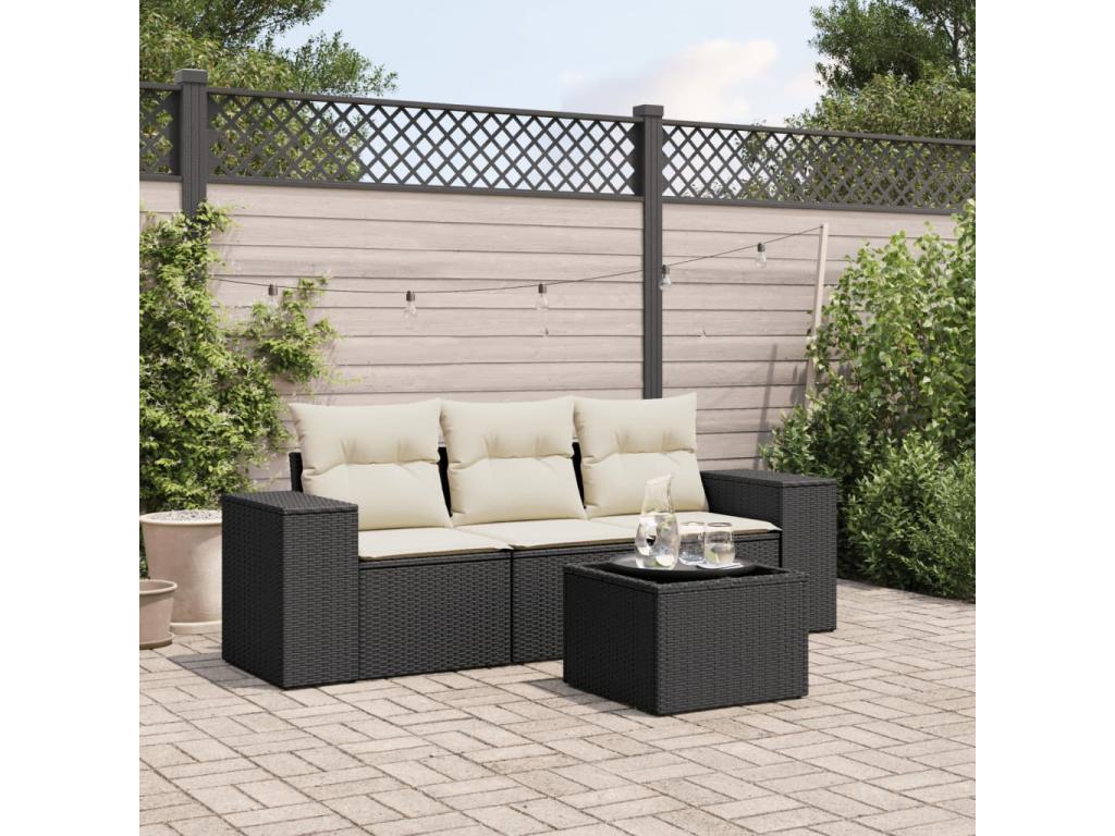 Salon de jardin 4 pcs avec coussins noir résine tressée AWXJ22421
