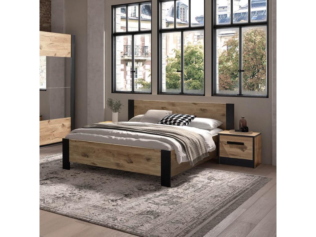 Laviecasa - Chambre Lit 140x200 2 Chevets Aspect Bois et Noir KPJS41572