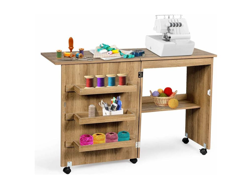 Table de Meubiana Pliante Meuble pour Machine à Coudre avec 3 Etagères pour Bobines et Meubiana verrouillables en Bois