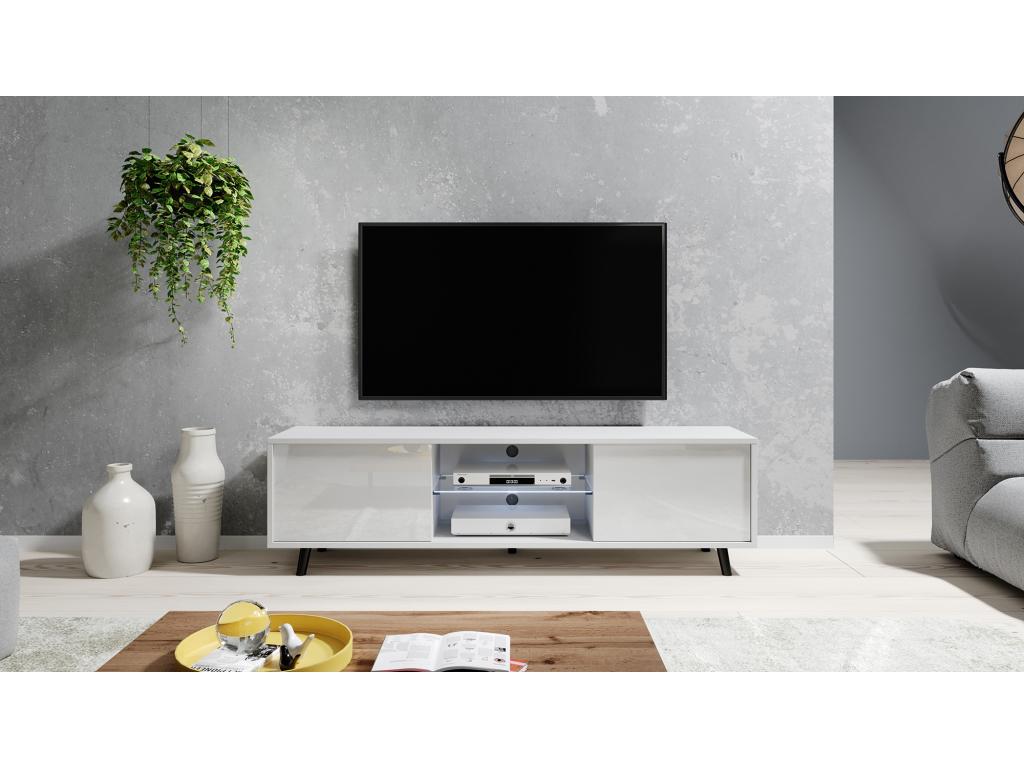 Meuble tv / Banc tv - 140 cm - blanc mat / blanc brillant éclairage LED- Meubiana