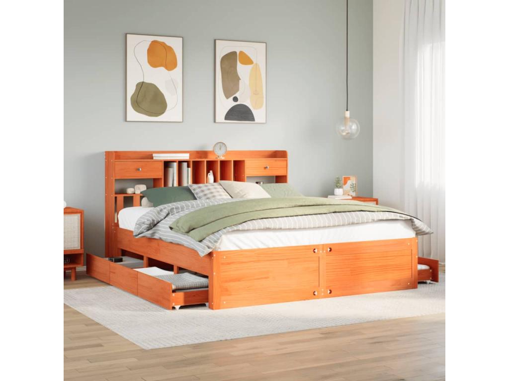 Lit bibliothèque sans matelas cire marron 200x200 cm pin massif BZXO24119
