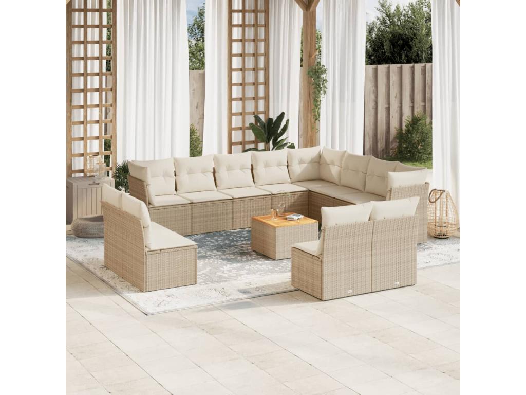 Salon de jardin avec coussins 13 pcs beige résine tressée