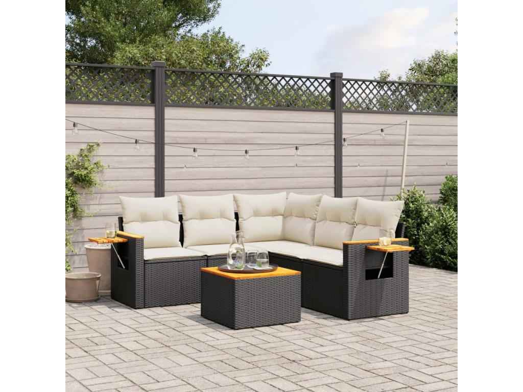Salon de jardin 6 pcs avec coussins noir résine tressée